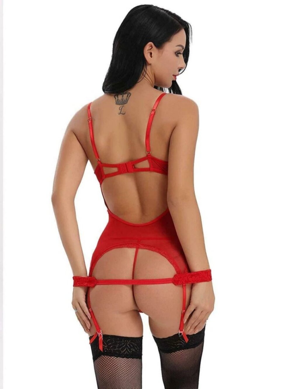 Women's Sexy Lingerie Lace Mesh Corset V-Neck Teddy Babydoll Sleepwear Thong Set - Picture 3 of 12